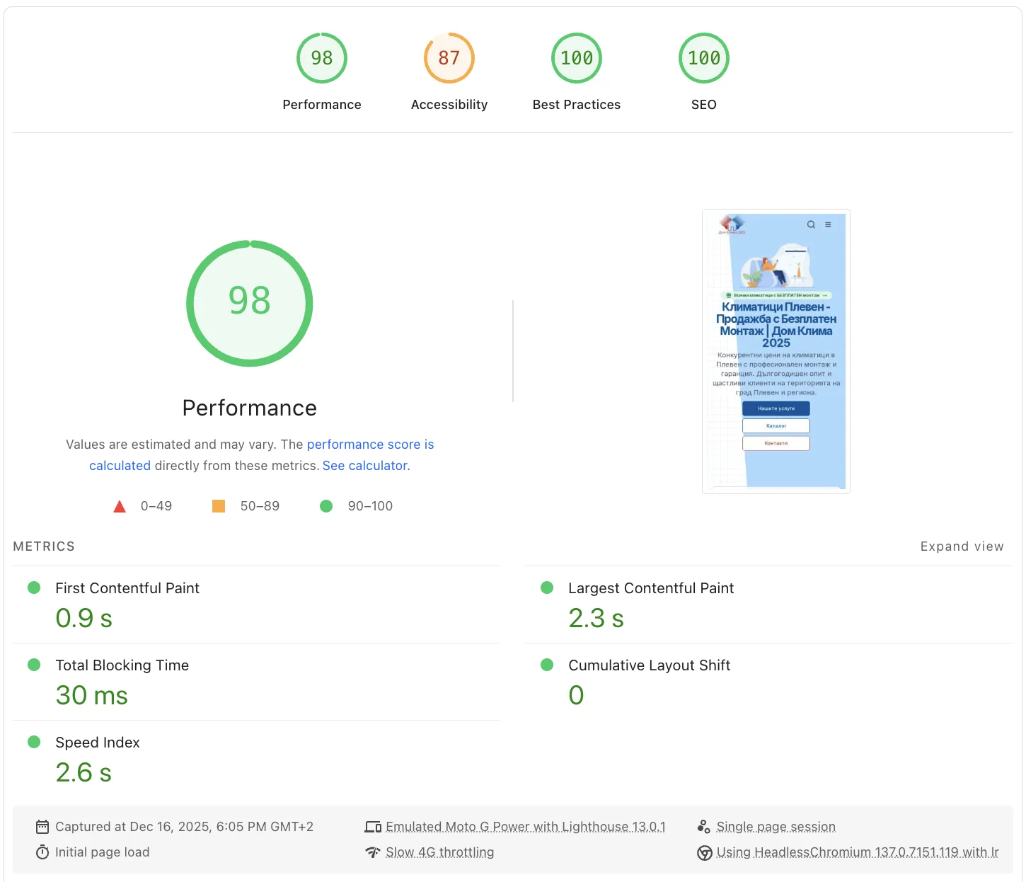 PageSpeed Insights на Дом Клима - 98 Performance, 100 SEO, 100 Best Practices