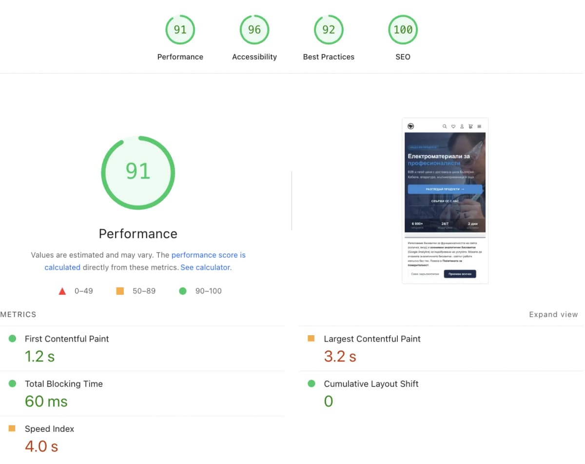 PageSpeed на ElectroBoys след редизайна - оценка 88 на Next.js