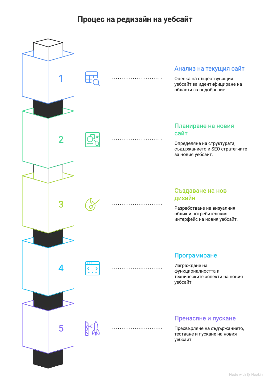 Процес на редизайн на уебсайт: 5 стъпки - анализ на текущия сайт, планиране на новия сайт, създаване на нов дизайн, програмиране, пренасяне и пускане