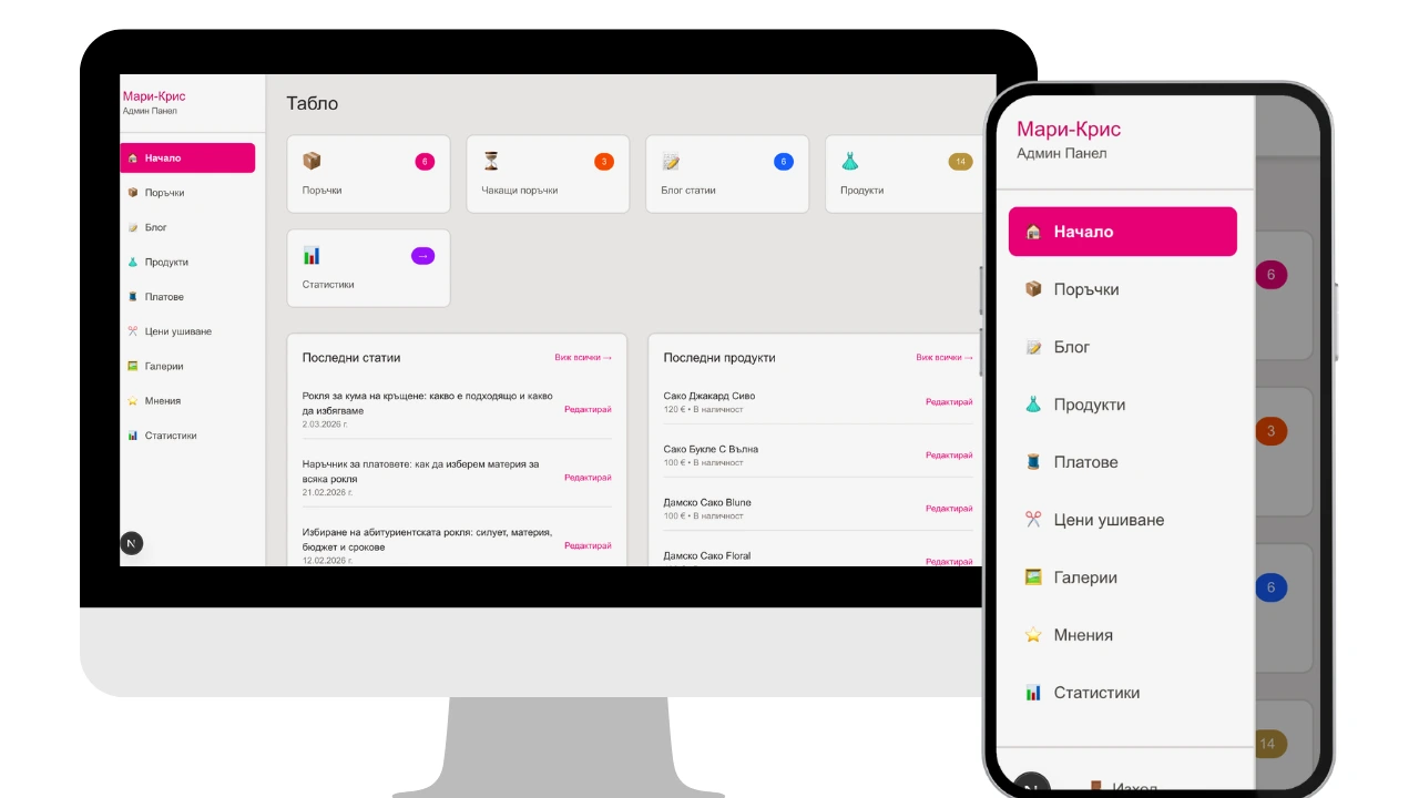 Админ панел с дашборд - десктоп и мобилен изглед
