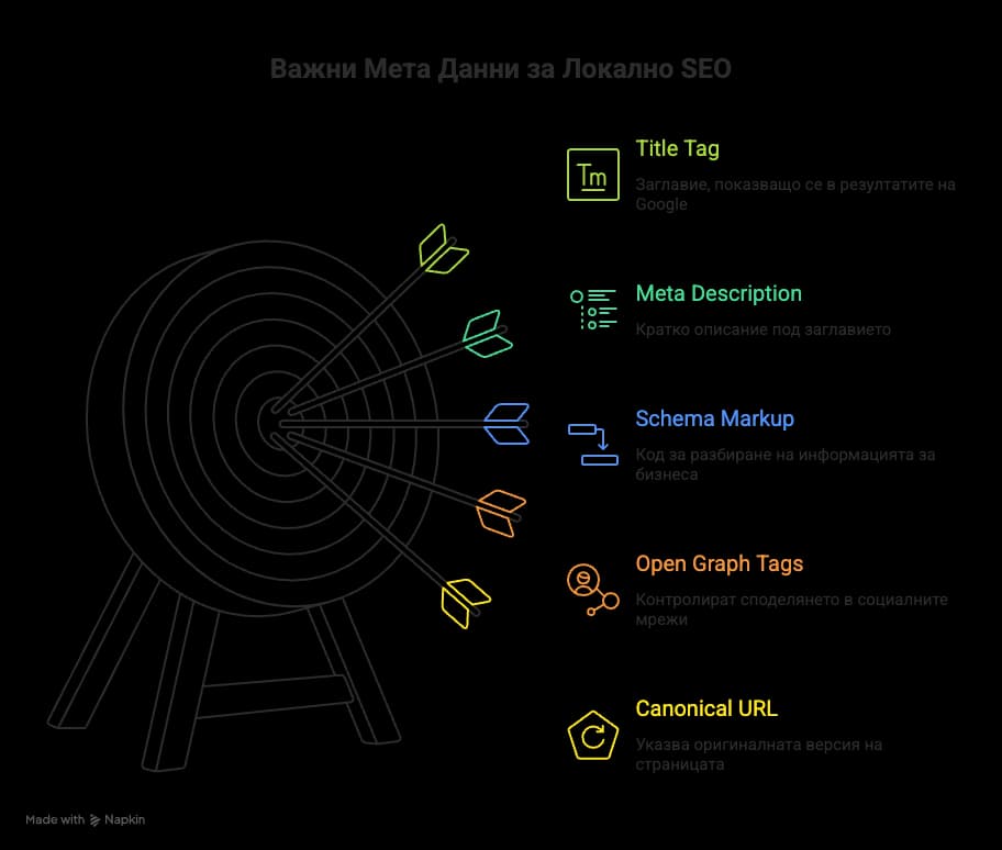 5-те ключови мета елемента за локално SEO: Title Tag, Meta Description, Schema Markup, Open Graph Tags и Canonical URL