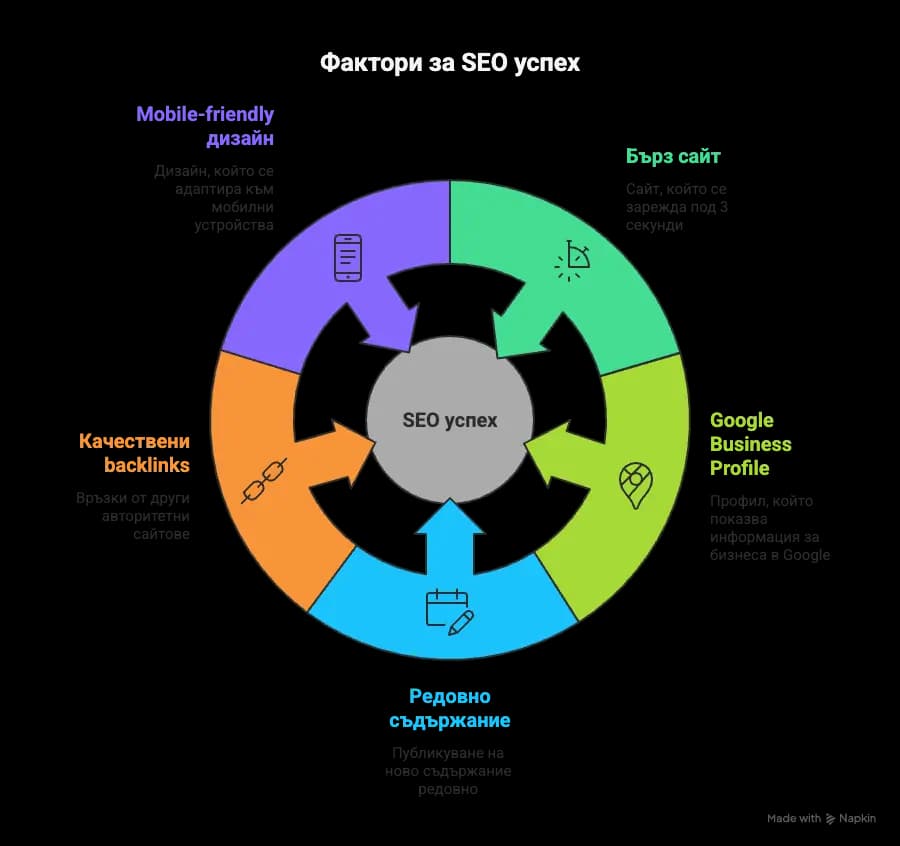 Инфографика: 5 начина да ускориш SEO резултатите - бърз сайт, Google Business Profile, редовно съдържание, качествени backlinks, mobile-friendly дизайн