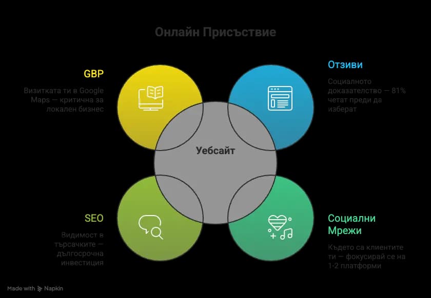 5-те елемента на онлайн присъствието - уебсайт в центъра, свързан с Google Business Profile, социални мрежи, отзиви и SEO